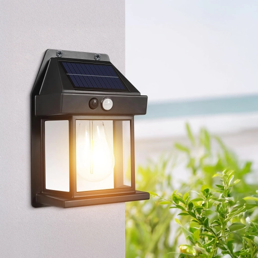 Solcellevæglampe med bevægelsessensor og filament-LED-pære, sort