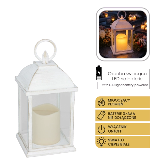 Hvid LED-lanterne med blinkende lys 10,5 × 10,5 × 20,5 cm - 1 stk.