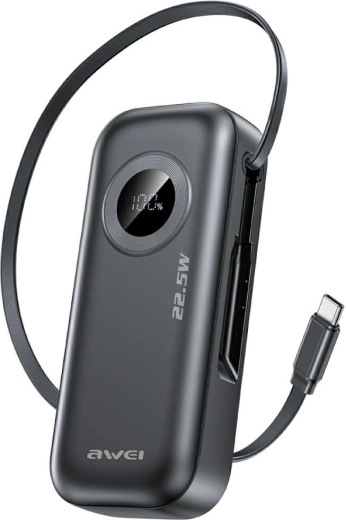 Awei powerbank PA-9 10.000 mAh 22,5 W med indbygget USB-C-kabel sort
