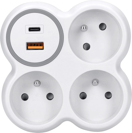 Solight stikdåseforgrener til stikkontakt 3× 16 A med USB-A og USB-C hurtigopladning PD 20 W hvid-grå