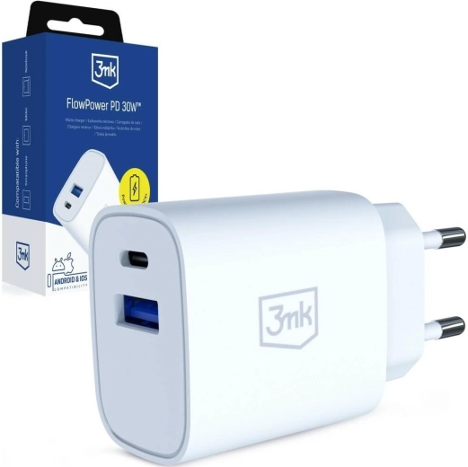 3MK FlowPower vægoplader 30 W USB-A og USB-C (PD 3.0, QC 4+) hvid