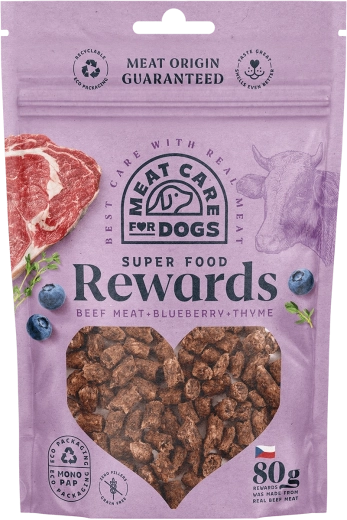 Meat Care Rewards godbidder til hunde – oksekød med blåbær og timian 80 g