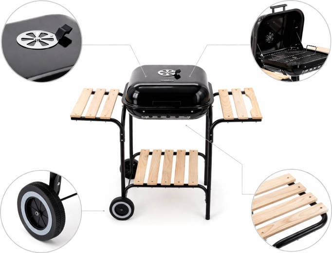 Amerikansk kulgrill med sidehylder og hjul