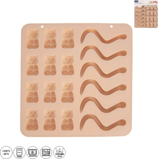 Silikoneform til vingummier – bamser og orme, 18 forme, beige