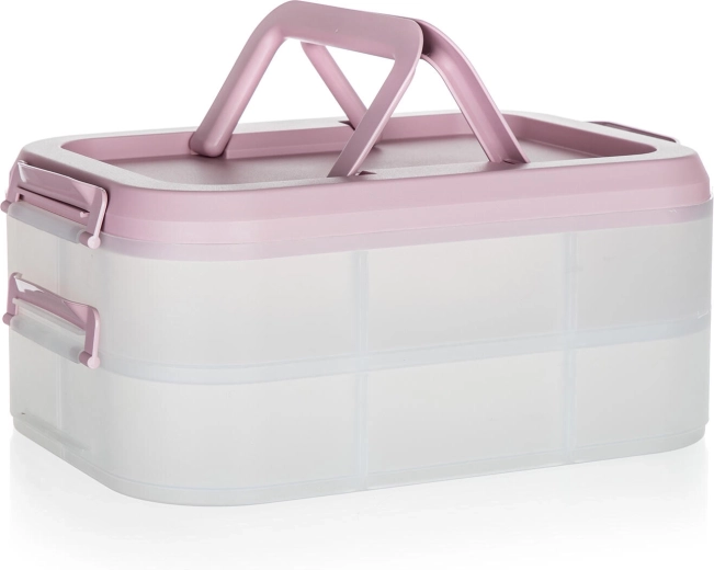 Plastpartybox med to etager og håndtag 40 × 28 × 17,8 cm, transparent/lyserød