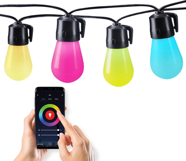 Solight smart LED-lyskæde til udendørs brug RGB med 15 pærer Bluetooth 20 m