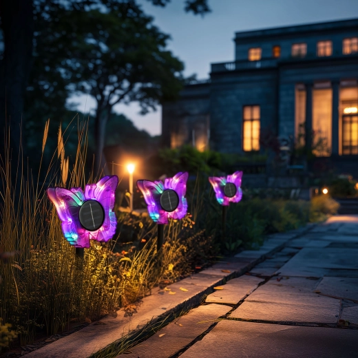Lilla solcelle-stiklampe med sommerfugl og farvede LED'er