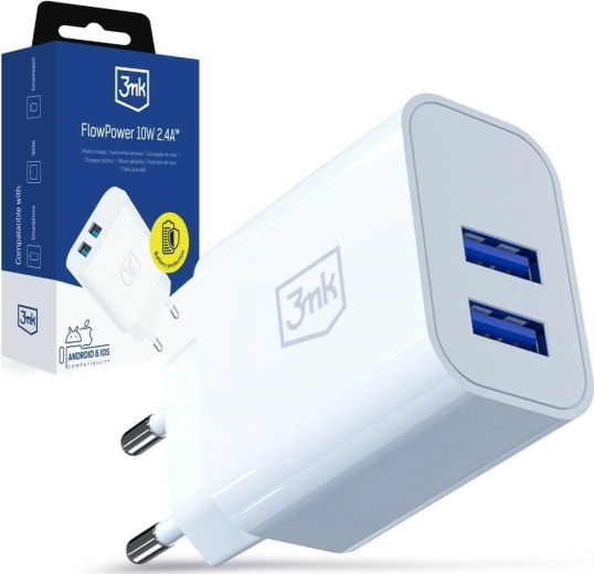 3MK FlowPower netoplader 10 W, 2× USB-A, 2,4 A, hvid