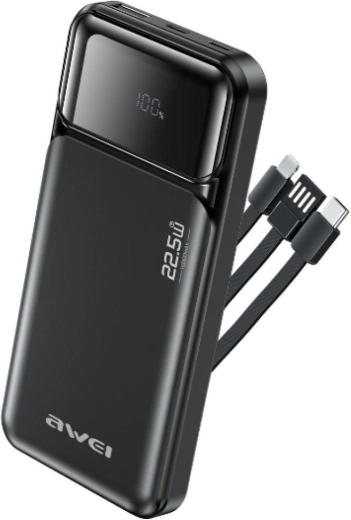 Awei powerbank 10000 mAh med indbyggede kabler