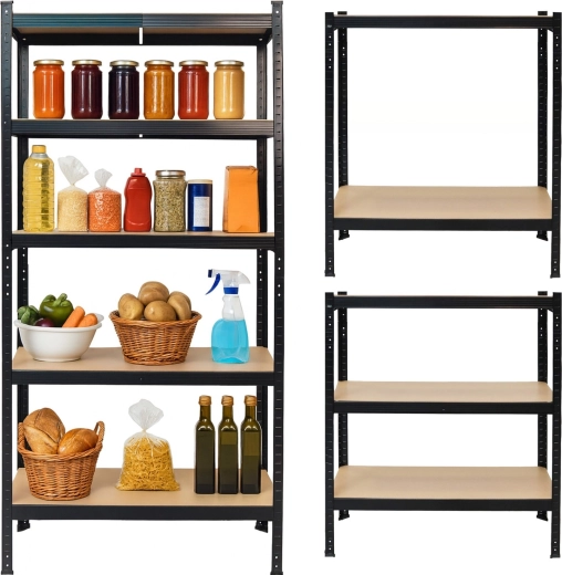 Metallisk opbevaringsreol 2-i-1 i sort, 5 MDF-hylder 180 × 90 × 40 cm