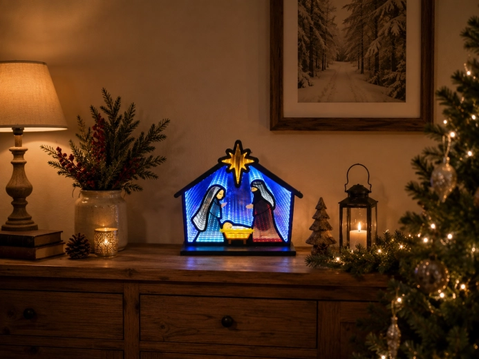 Jule 3D-dekoration Krybbescene med infinity-spejleffekt LED 33,5 × 8 × 28,7 cm