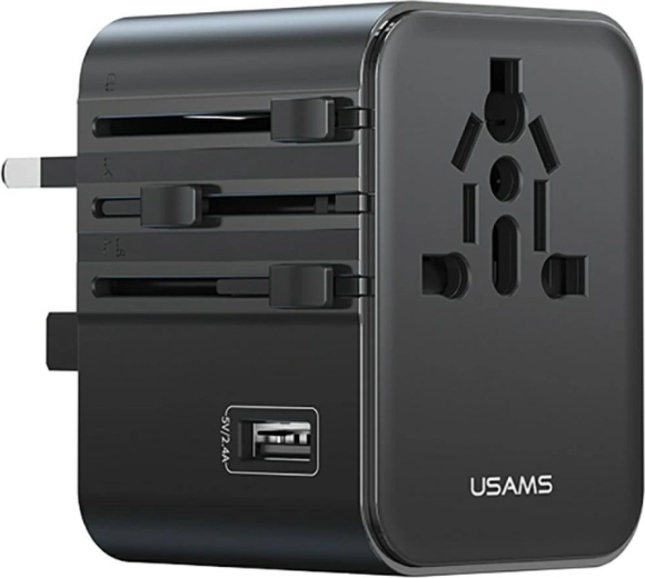 USAMS rejse-universaladapter og oplader 17 W (2× USB‑C + USB‑A) 4-i-1 US/AU/EU/UK, sort