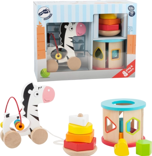 Small Foot trælegetøjssæt 3 i 1 med zebra, formpuzzle og pyramide