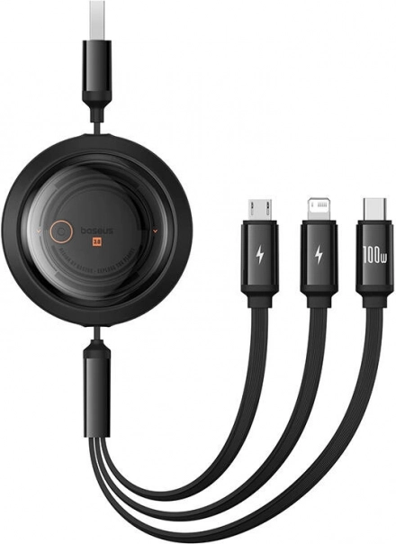 Udtrækkeligt opladerkabel 3-i-1 BASEUS Free2Draw 100W, 1,1 m – USB-A til USB-C/Lightning/Micro USB (sort)