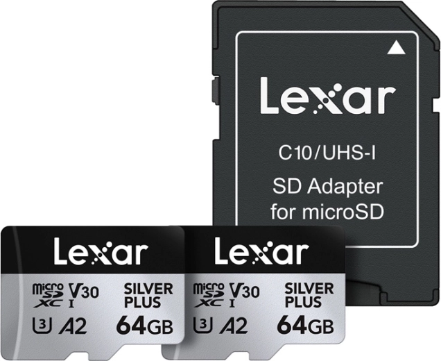 Sæt med 2× LEXAR Silver Plus microSDXC-kort 64 GB med adapter