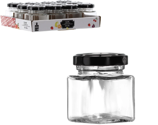Firkantet glas 50 ml med sort metallåg - 1 stk.