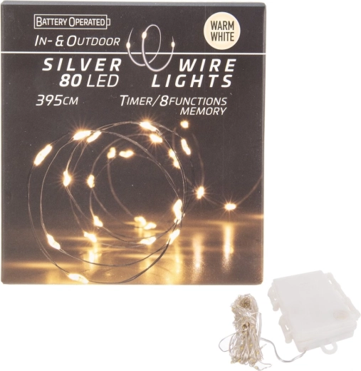 LED-lyskæde på tråd 80 LED, varm gul, inde/ude med timer