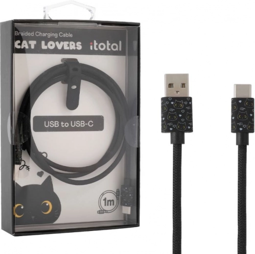 USB‑C opladningskabel med sort kat og silikonerem til justering af længde