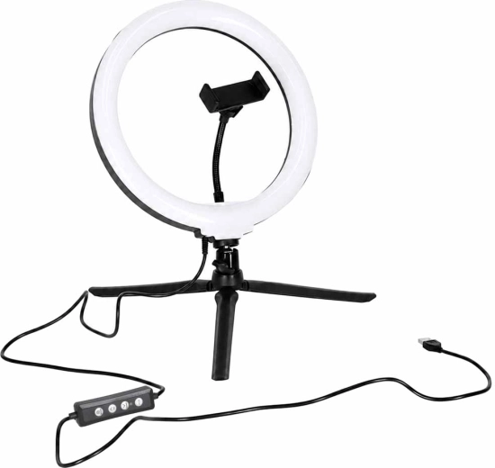 RGB LED ring-selfielampe på stativ med telefonholder og Bluetooth-fjernbetjening