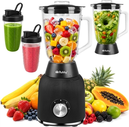 Ruhhy bord-smoothieblender 1200 W med glaskande og 2 to-go-flasker