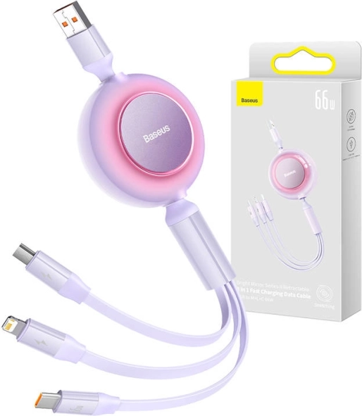 Baseus Bright Mirror 3 USB-kabel 3-i-1 til micro USB, USB‑C og Lightning 66W 1,1 m – Lilla