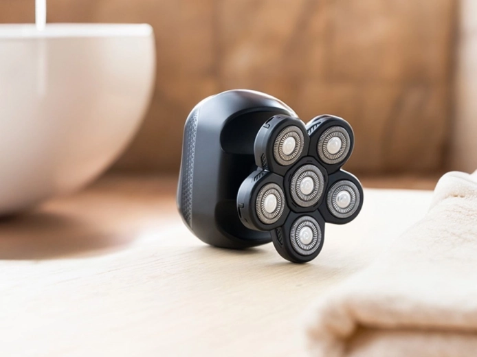 Seks fleksible roterende hoveder for en glat barbering