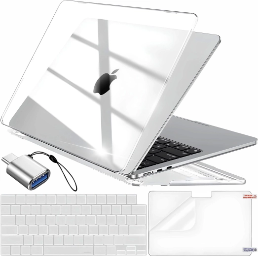 Renew Force gennemsigtigt beskyttelsesetui til MacBook Air 13,6" (M2 2022 / M3 2024 / M4 2025) med tastaturcover, skærmbeskyttelsesfilm og USB‑C til USB 3.0-adapter - 1 stk.