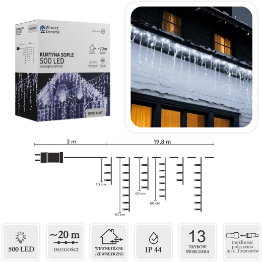 LED-lysgardin med istapper, 500 LED, kold hvid, 20 m