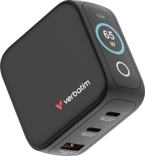 Verbatim mini GaN-oplader 65 W med TFT-display, 2× USB‑C og 1× USB‑A, EU/UK/USA