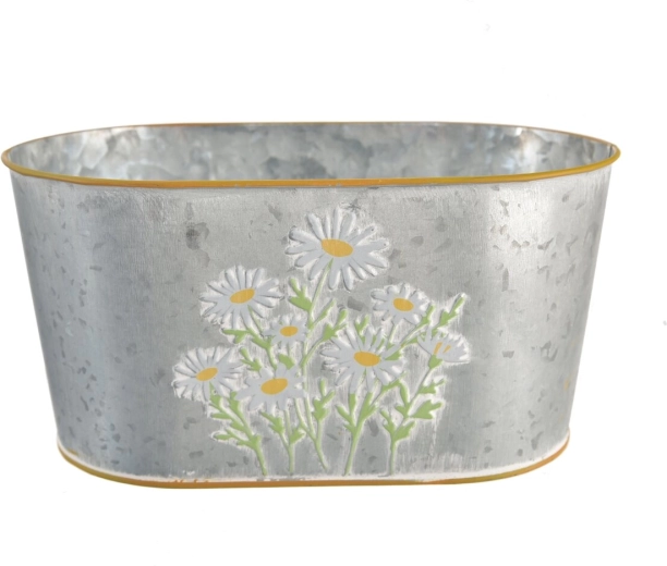 Grå zinkblomsterpotte med margueritmotiv