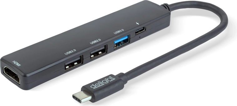 Multifunktionel USB-C-hub med HDMI, 3× USB-A og USB-C, 100 W, sort