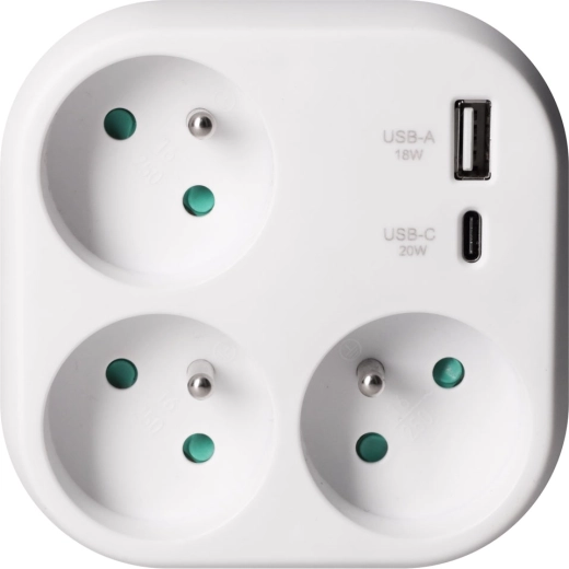 Solight fordelingsadapter med 3 stikkontakter og 20 W PD-lynh opladning via USB, hvid