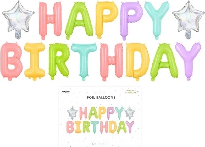Folieballon med teksten Happy Birthday med stjerner 395 × 35 cm - 1 stk.
