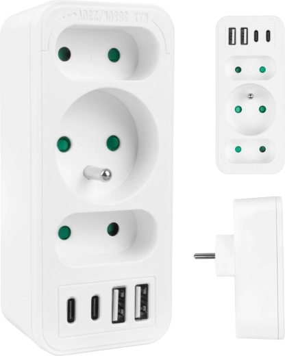 MACLEAN stikkontakt-fordeler med 1x Schuko, 2x Euro og 2x USB-A + 2x USB-C, hvid