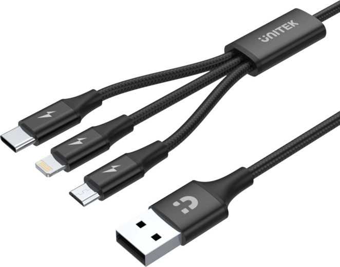 Unitek opladningskabel USB-A 3-i-1 (USB-C/Micro USB/Lightning) sort
