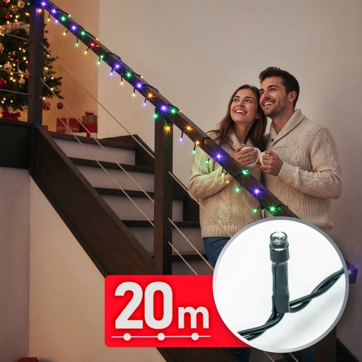 Farvet LED-lyskæde 20 m, 400 LED'er med grønt kabel