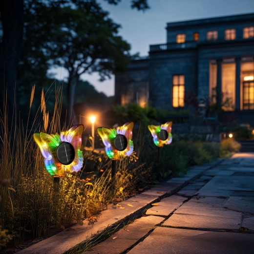 Gul solcellelampe til nedstik med sommerfugl og LED