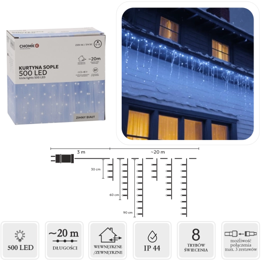 Lysgardin istapper 500 LED kold hvid 23 m