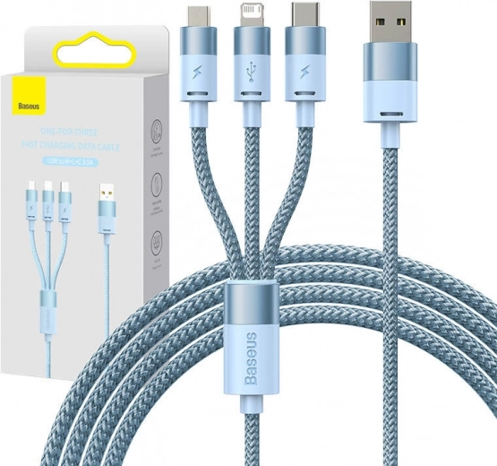 3-i-1 opladnings- og datakabel BASEUS StarSpeed, USB‑C / micro USB / Lightning, 3,5 A, 1,2 m, blå