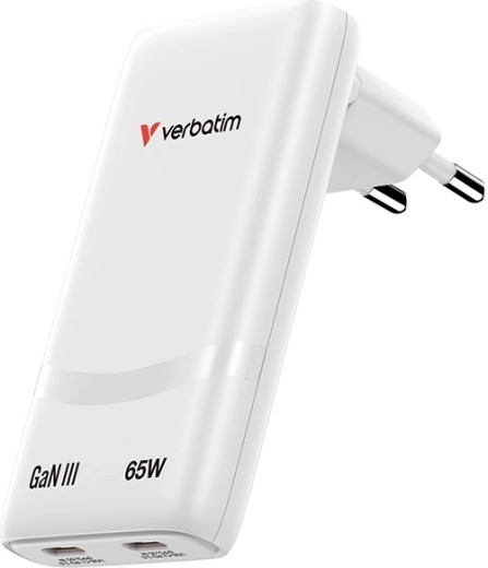 Verbatim Fold n Go GaN-oplader 65 W, 2× USB‑C (PD 3.0, PPS), hvid