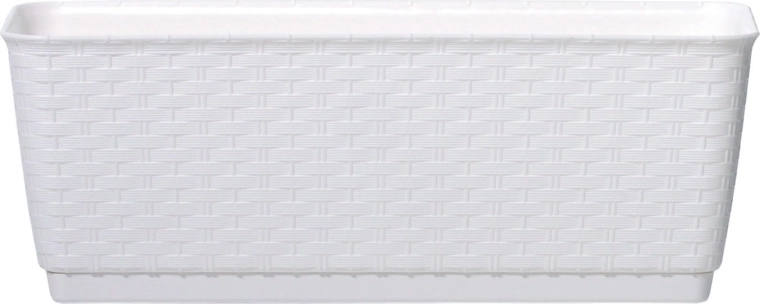 Altankasse med underskål Ratolla P 49,2 cm – hvid plastblomsterkasse med rattanlook