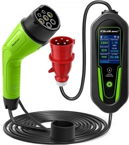 Bærbar oplader til elbiler og hybridbiler Qoltec Type 2, 7 kW, 230 V, CEE 32 A, Wi‑Fi