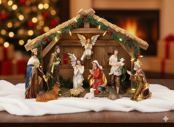 Sæt med julefigurer til krybbespil, 11 stk., højde op til 21 cm