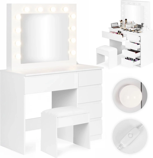 ModernHome kosmetik-/sminkebord med spejl og LED-belysning, 5 skuffer og taburet