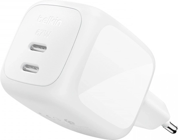 Belkin dobbelt GaN-netoplader 67 W med 2× USB-C, hvid