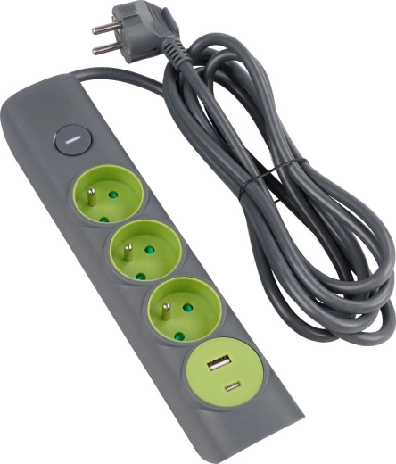Retlux-forlængerledning med 3 stikkontakter og USB, 1,4 m