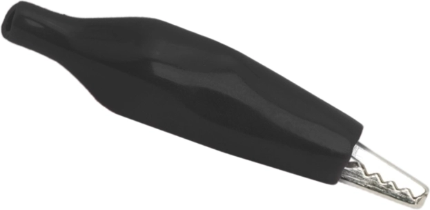 Mellemstor krokodilleklemme med sort PVC-isolering, 35 mm