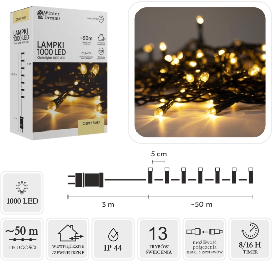LED-lyskæde med 1000 dioder, varm hvid, 50 m