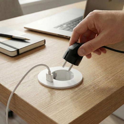 Indbygget stikkontakt til skrivebord med USB, hvid