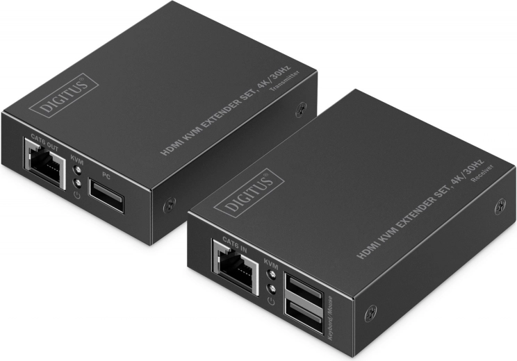 HDMI-extender via netværkskabel CAT6 4K/30 Hz med KVM USB 1.1 og IR-styring (sæt sender + modtager)